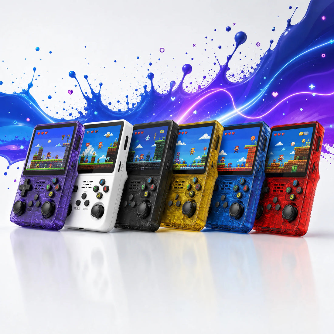 Console portable rétrogaming 4 pouces en six coloris : violet, blanc, noir, jaune, bleu et rouge.