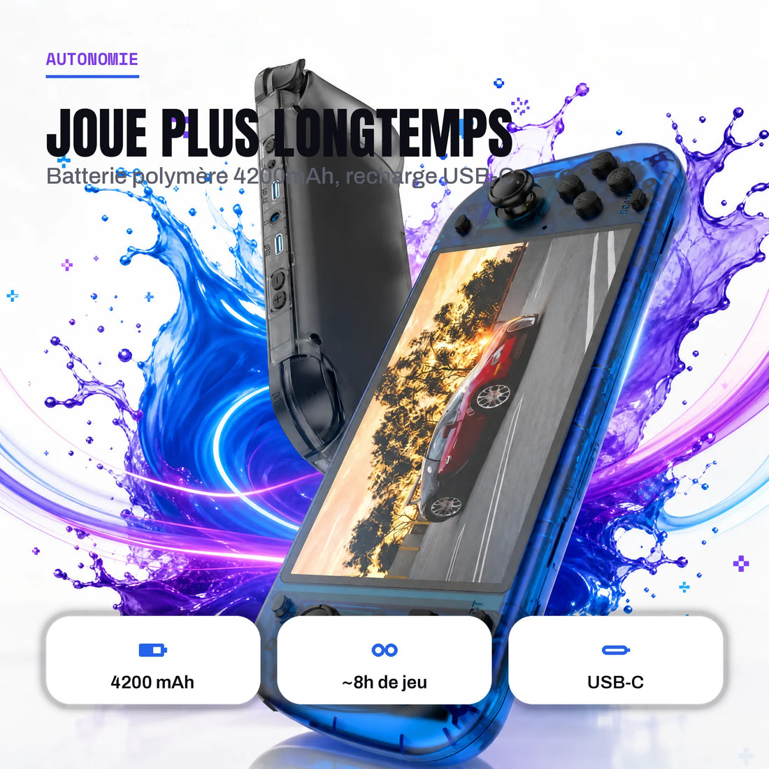 Console retro portable et sa batterie 4200 mAh : jusqu'à 8 h de jeu, recharge par USB-C.
