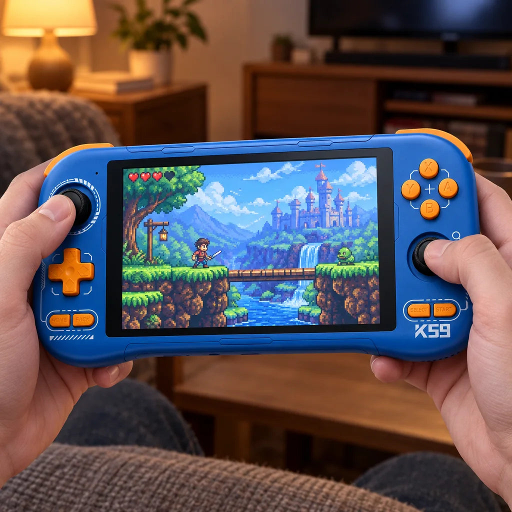 Console rétrogaming portable Android 5,5 pouces tenue à deux mains dans un salon