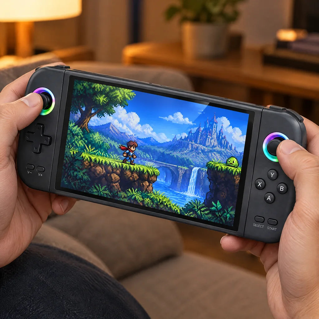 Console rétrogaming portable 7 pouces tenue à deux mains dans un salon