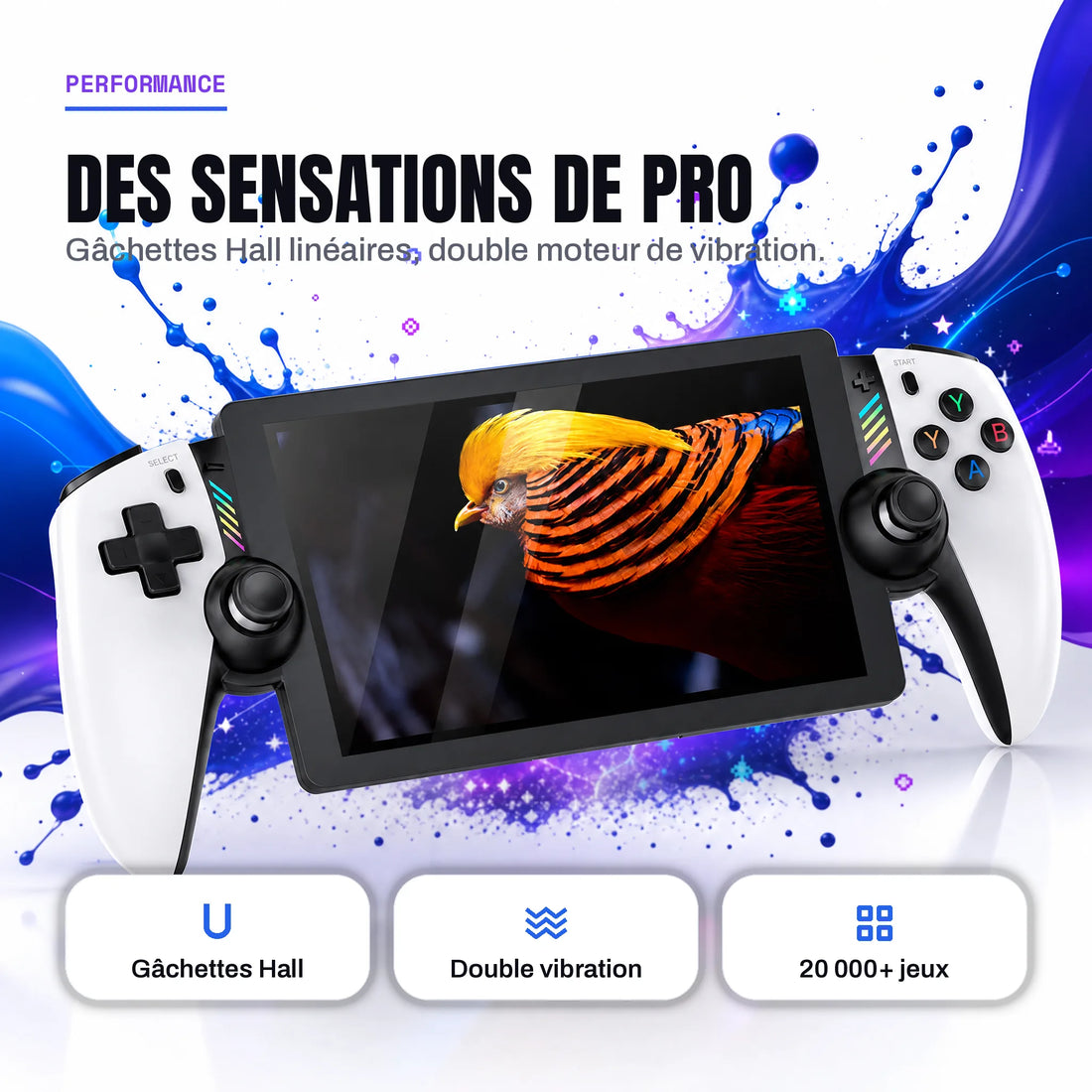 Console retrogaming portable 7 pouces : gâchettes à effet Hall et double moteur de vibration.