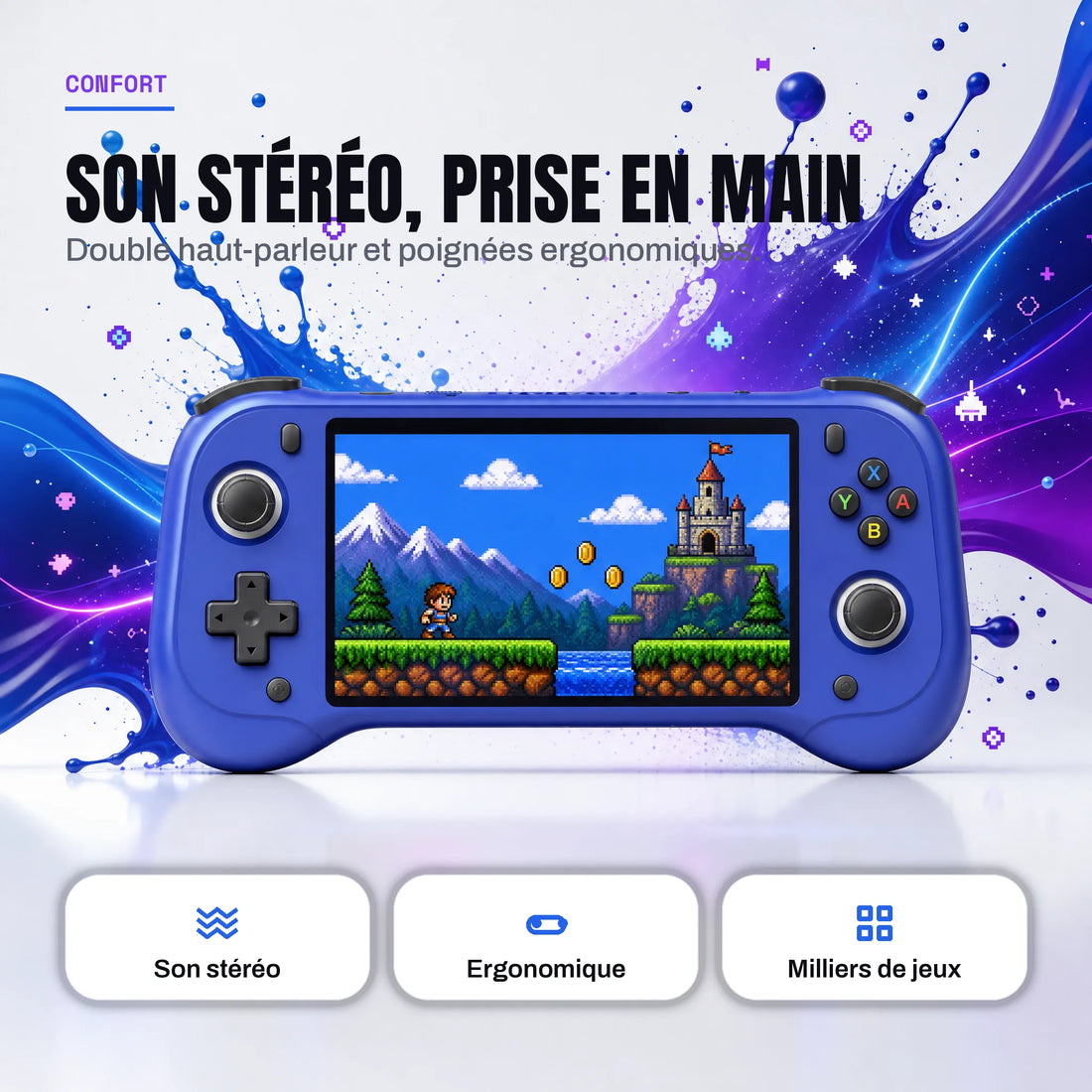 Console rétrogaming portable au son stéréo et aux poignées ergonomiques, confort de jeu prolongé.