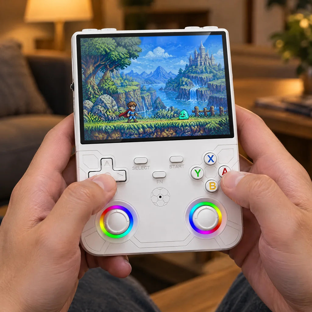 Console rétrogaming portable WiFi 4,5 pouces tenue à deux mains dans un salon