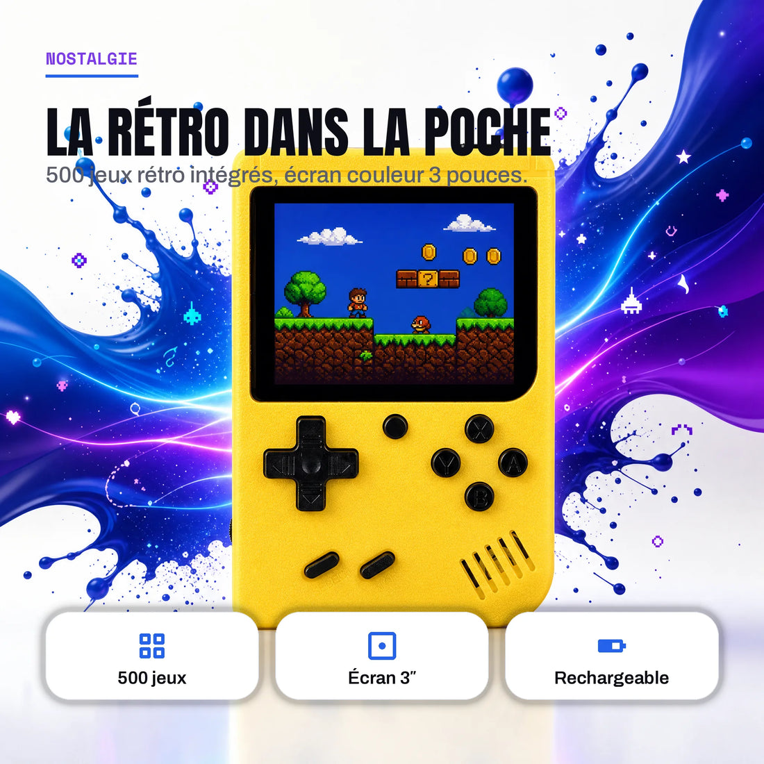 Mini console retrogaming de poche jaune avec 500 jeux rétro intégrés, prête à jouer.