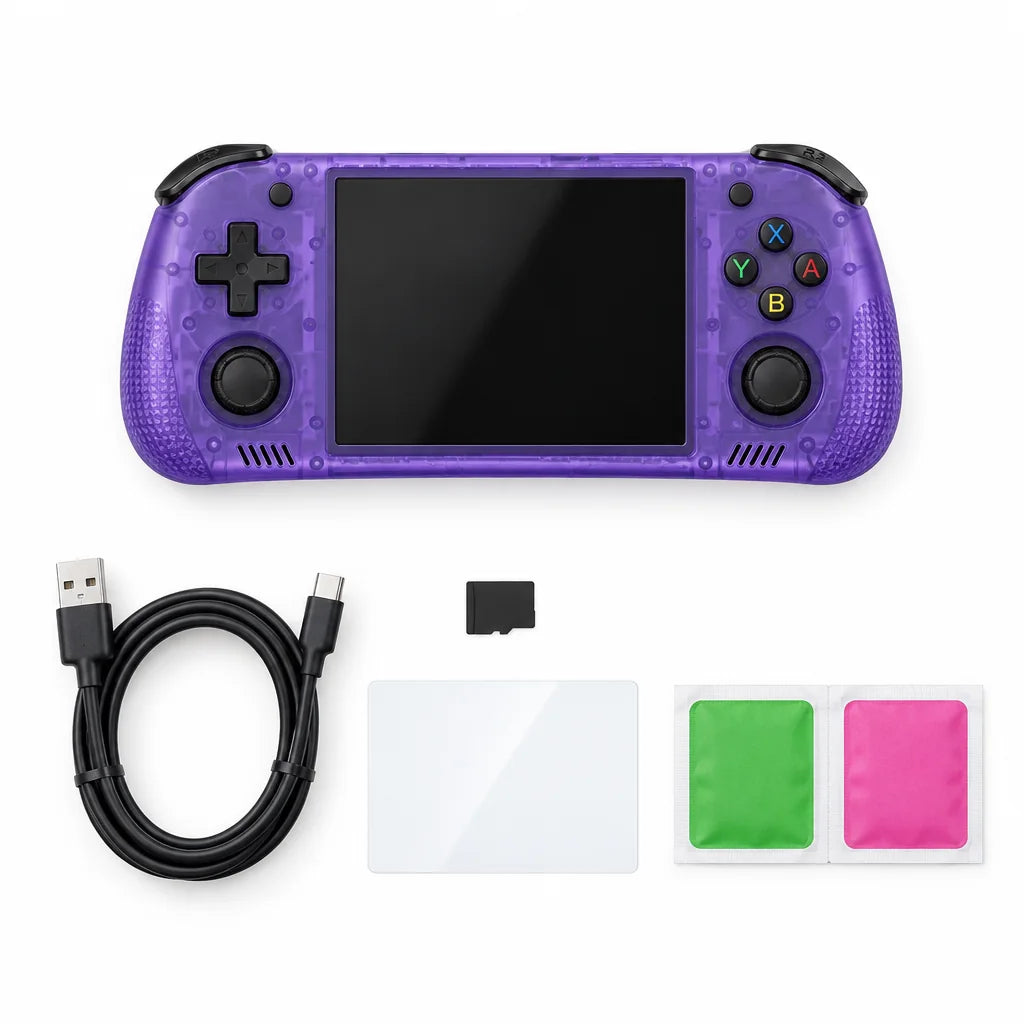 Contenu du colis : console rétrogaming, câble USB-C, carte microSD, verre trempé et kit de nettoyage