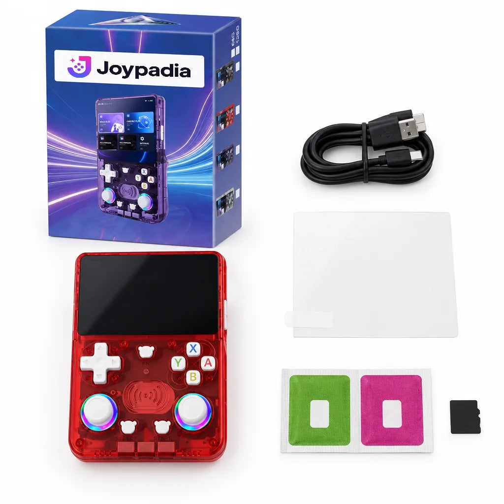 Contenu du colis : boîte, console rétrogaming Android, câble USB-C, verre de protection, lingettes et carte microSD