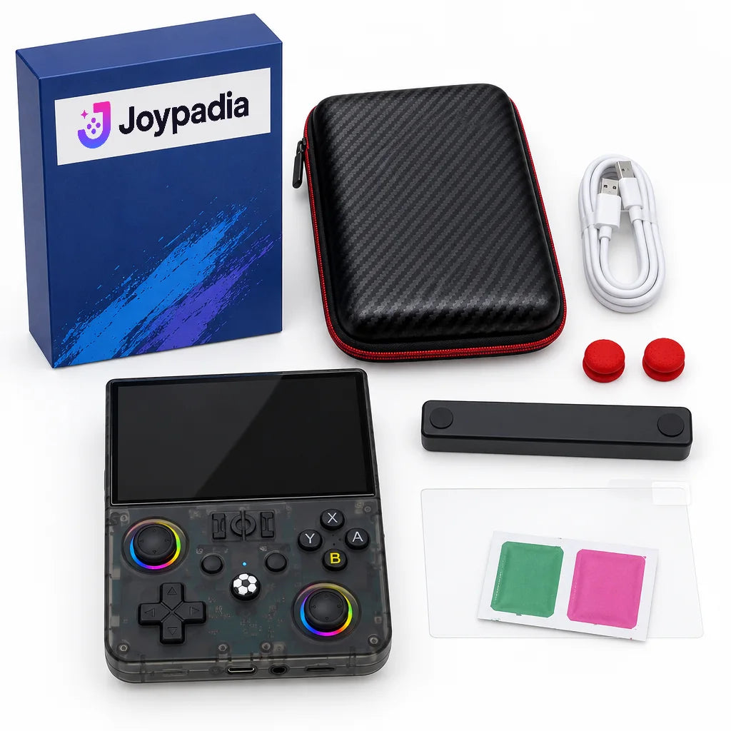 Contenu du pack complet : console, étui rigide, câble USB-C, capuchons de joystick, support et verre trempé