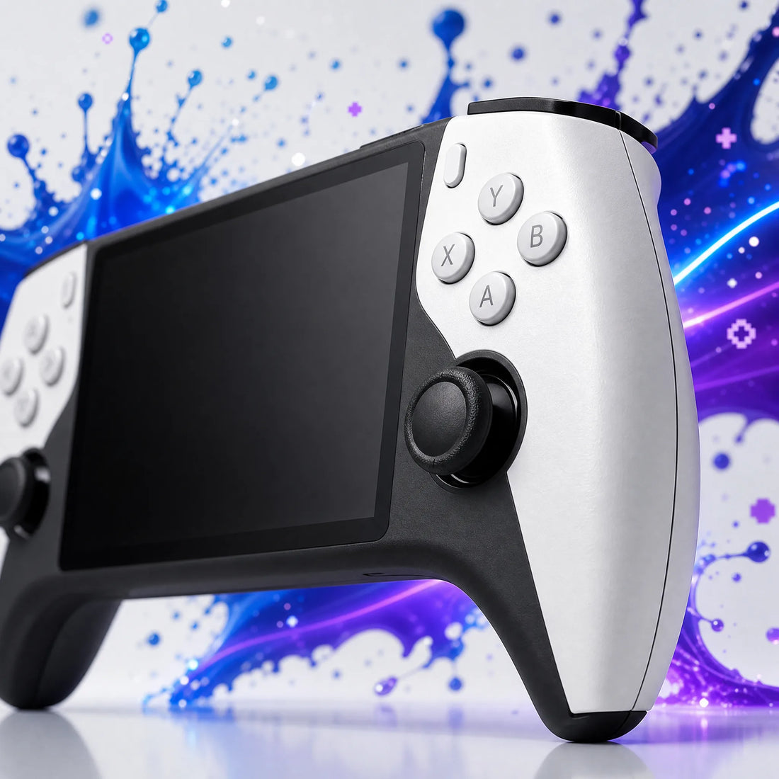 Gros plan sur les joysticks et les boutons ABXY de la console retrogaming portable, commandes précises.