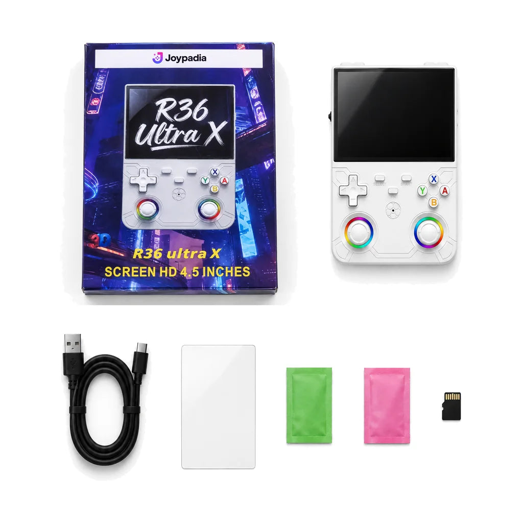 Contenu du colis : console rétrogaming WiFi, boîte, câble USB-C, verre trempé et kit de nettoyage