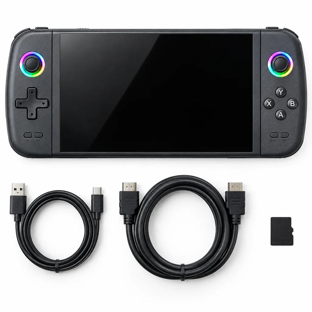 Contenu du colis : console rétrogaming 7 pouces, câble de charge USB-C et câble HDMI