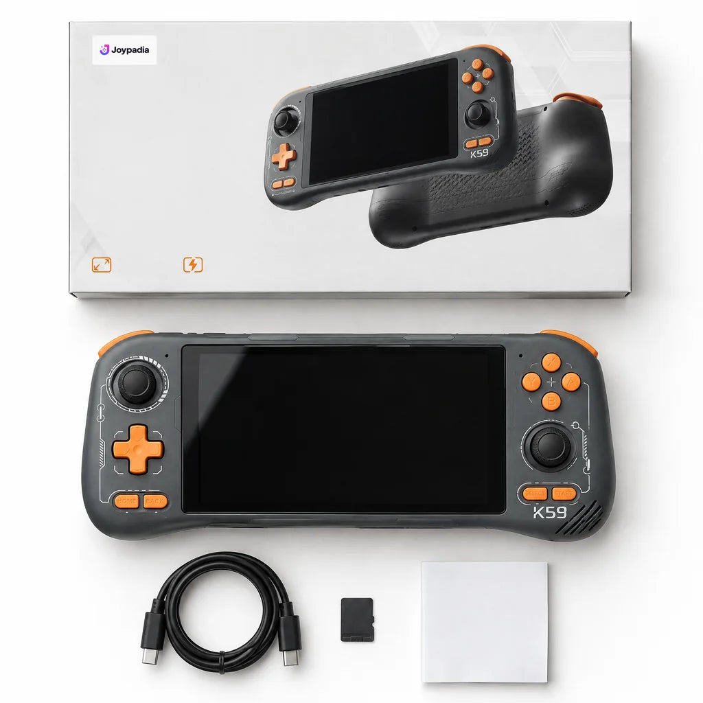 Pack complet de la console rétrogaming Android 5,5 pouces noire : boîte, câble USB-C, carte microSD et manuel