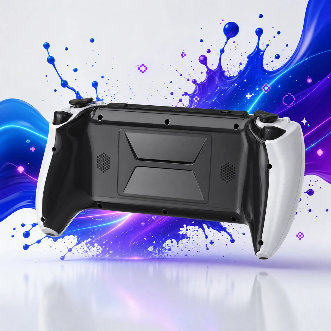 Coque arrière de la console retrogaming portable avec grilles haut-parleurs, design premium.