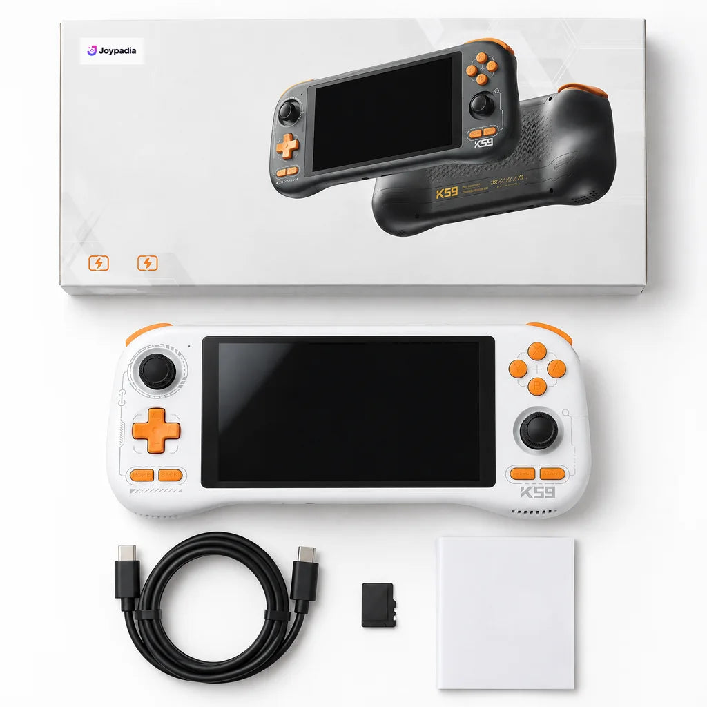 Pack complet de la console rétrogaming Android 5,5 pouces blanche : boîte, câble USB-C, carte microSD et manuel