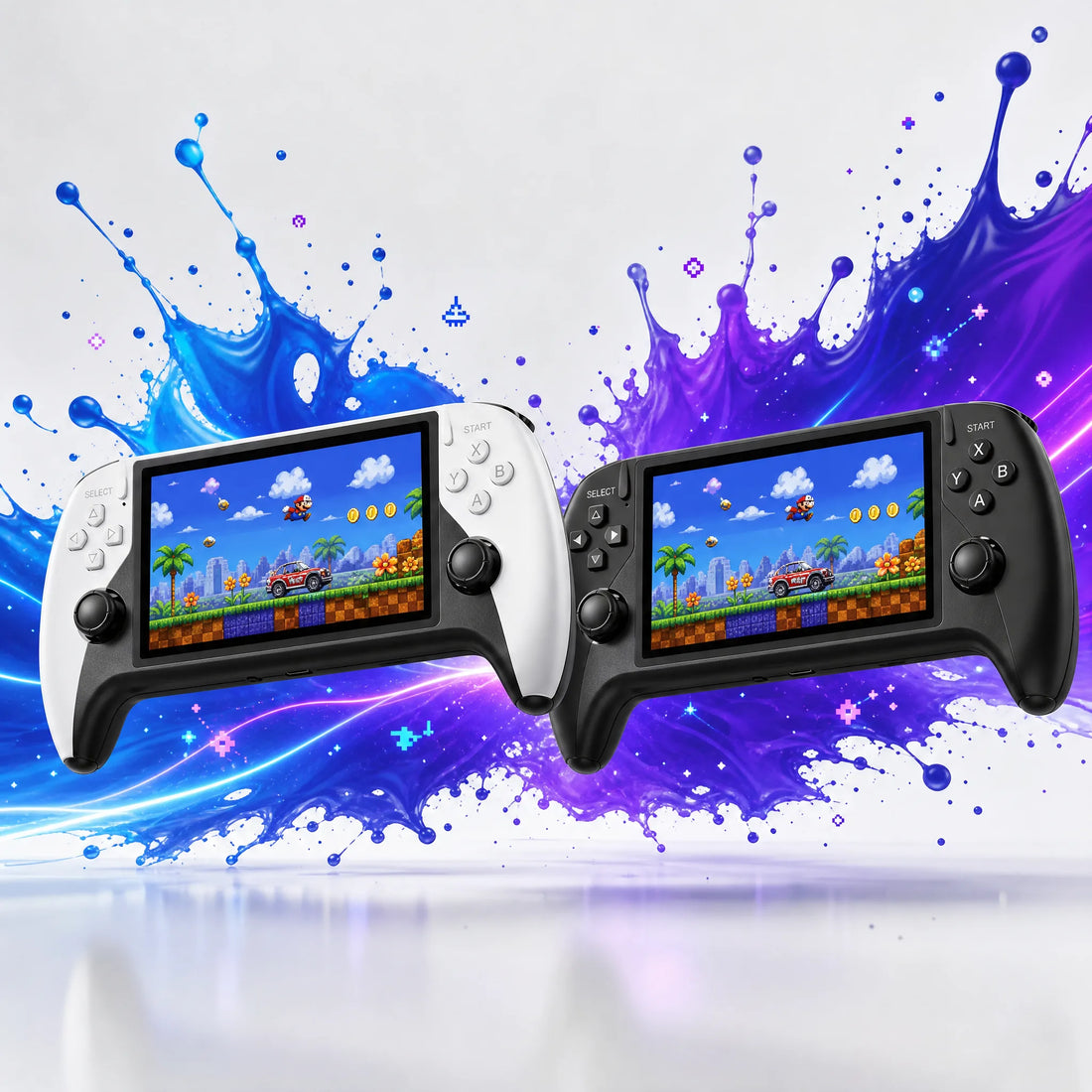 Console retrogaming portable disponible en coloris blanc et noir, format manette à double stick.