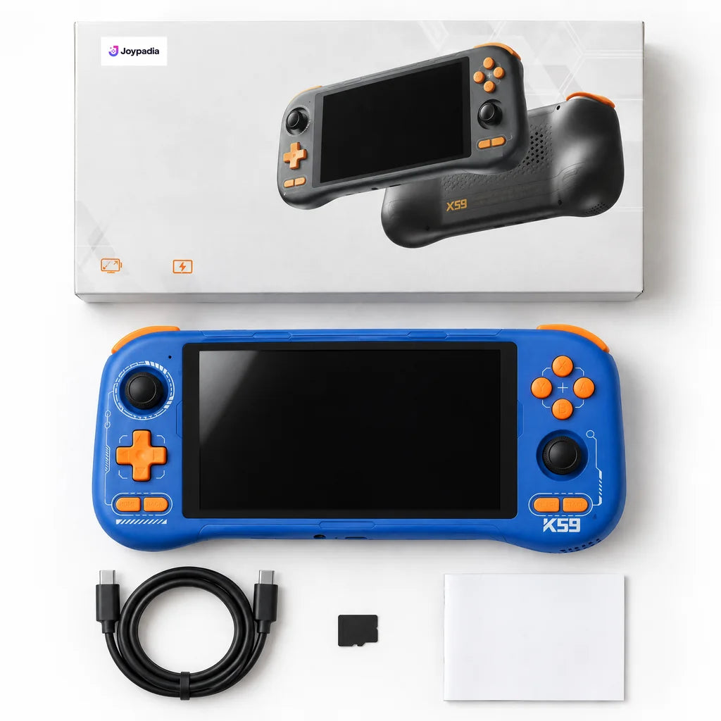 Pack complet de la console rétrogaming Android 5,5 pouces bleue : boîte, câble USB-C, carte microSD et manuel