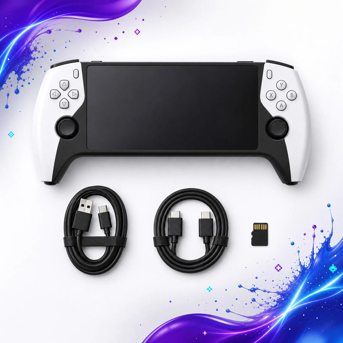 Contenu du pack : console retrogaming portable, câbles USB-C et HDMI, carte microSD préchargée.