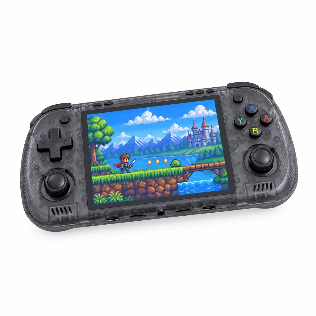 Console portable rétrogaming 4,2 pouces noir translucide sur fond blanc