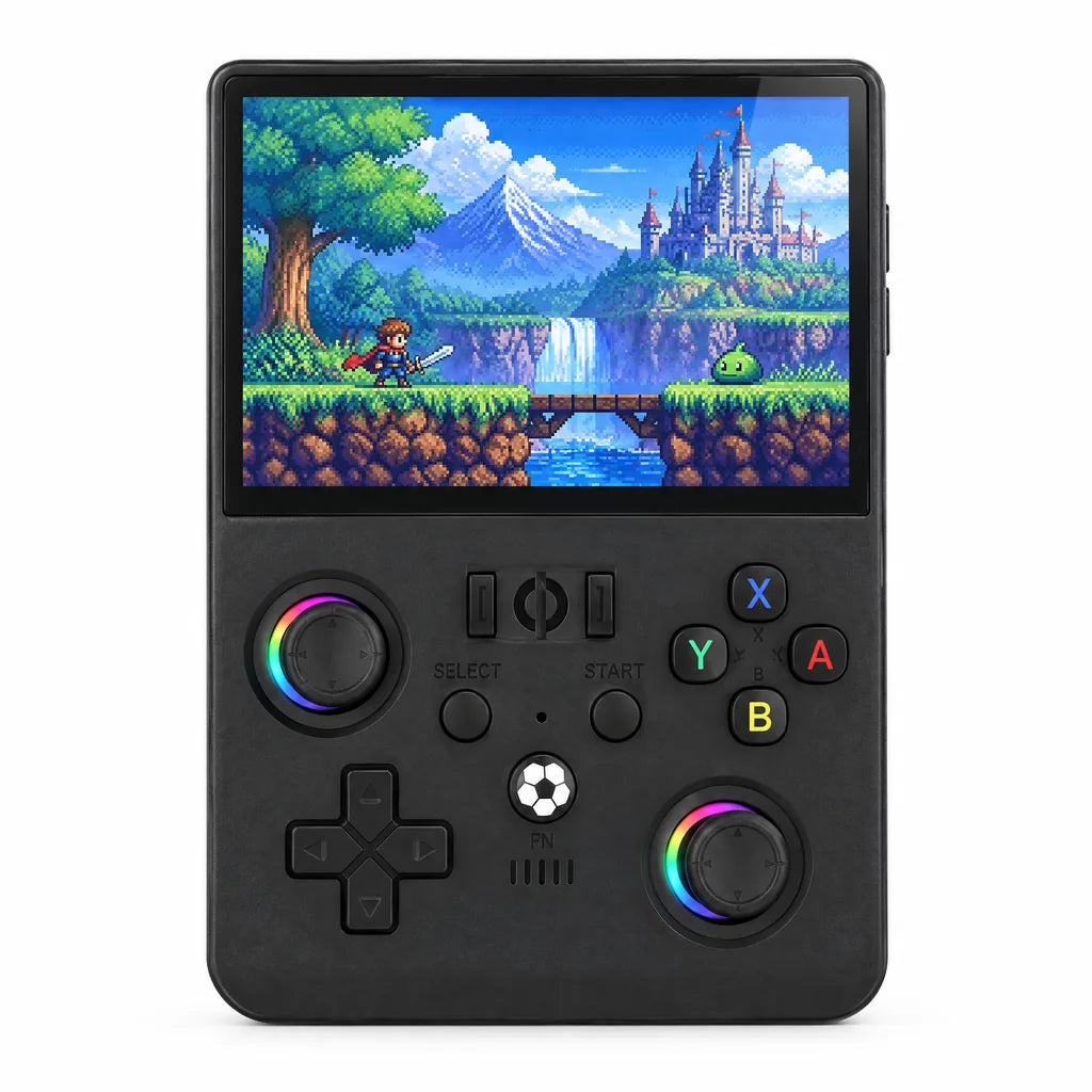 Console portable rétrogaming 4,5 pouces noire sur fond blanc