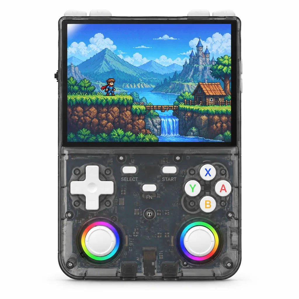 Console rétrogaming portable WiFi 4,5 pouces noir translucide sur fond blanc