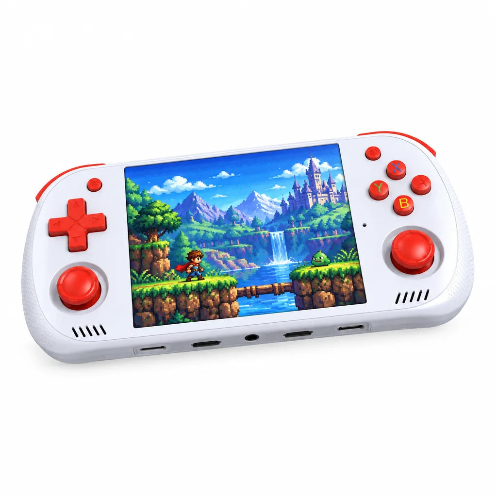 Console portable rétrogaming 4,2 pouces blanche à commandes rouges sur fond blanc
