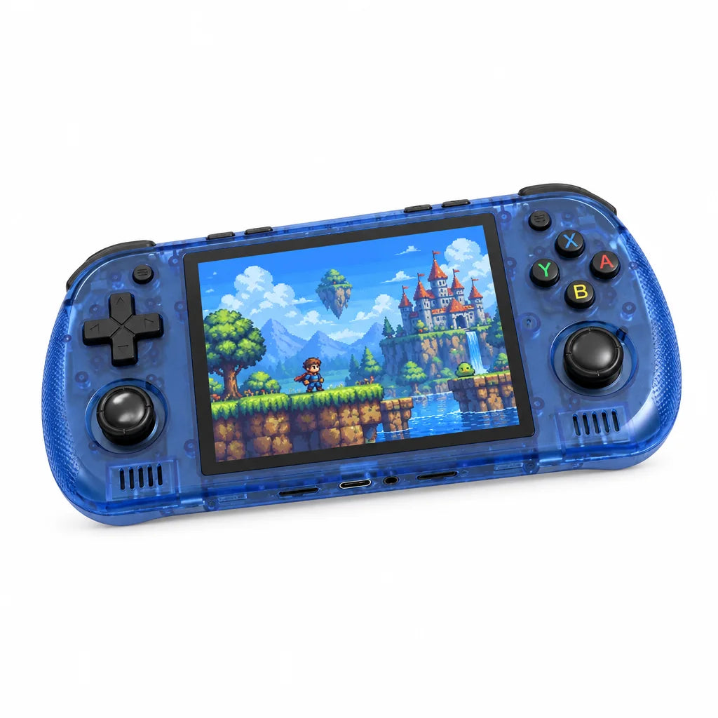 Console portable rétrogaming 4,2 pouces bleu translucide sur fond blanc