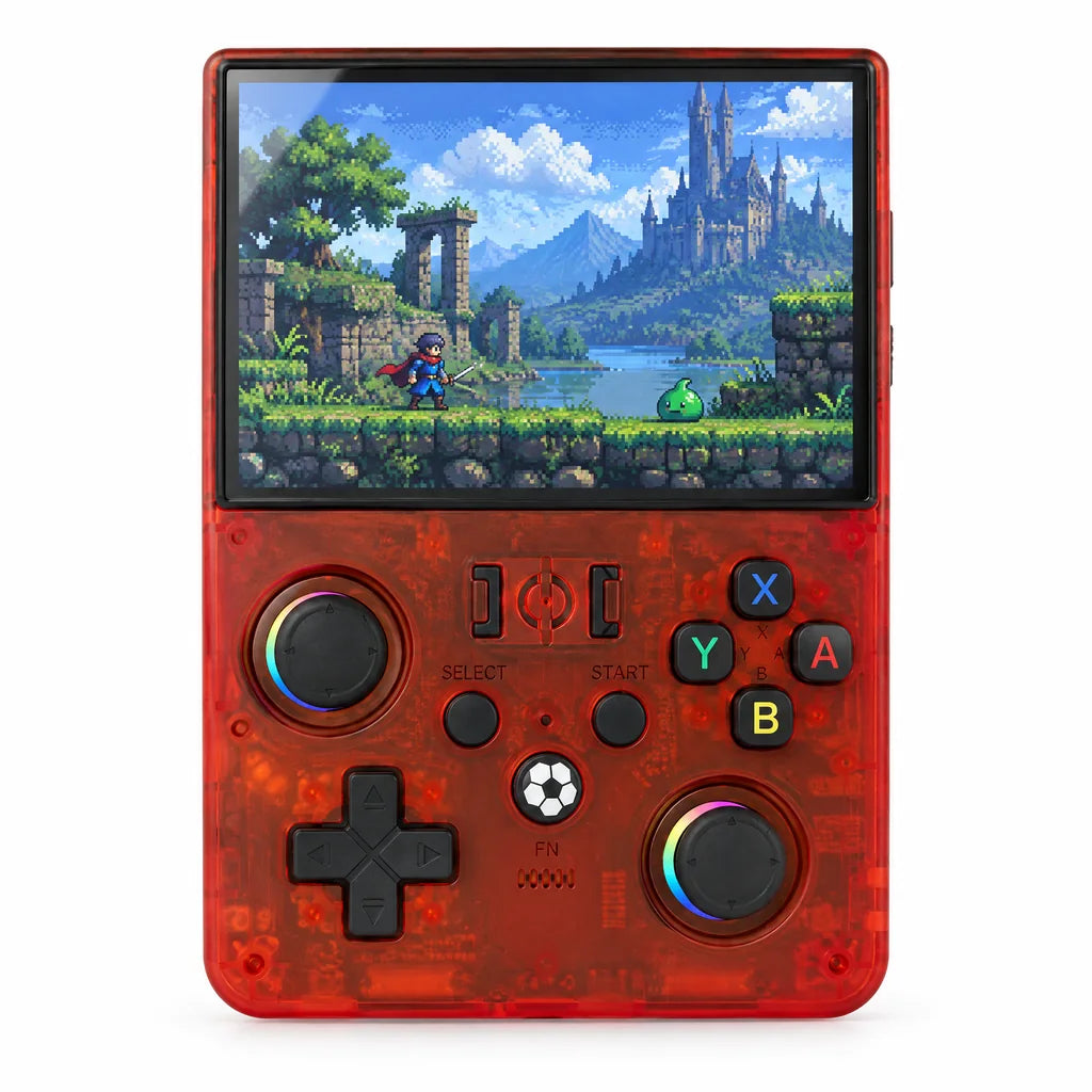 Console portable rétrogaming 4,5 pouces rouge translucide sur fond blanc