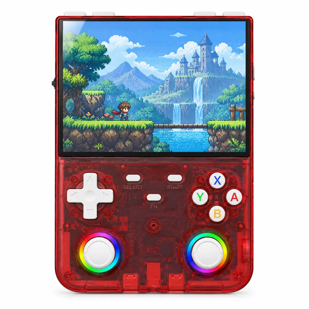Console rétrogaming portable WiFi 4,5 pouces rouge translucide sur fond blanc