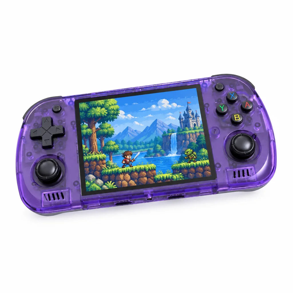 Console portable rétrogaming 4,2 pouces violet translucide sur fond blanc
