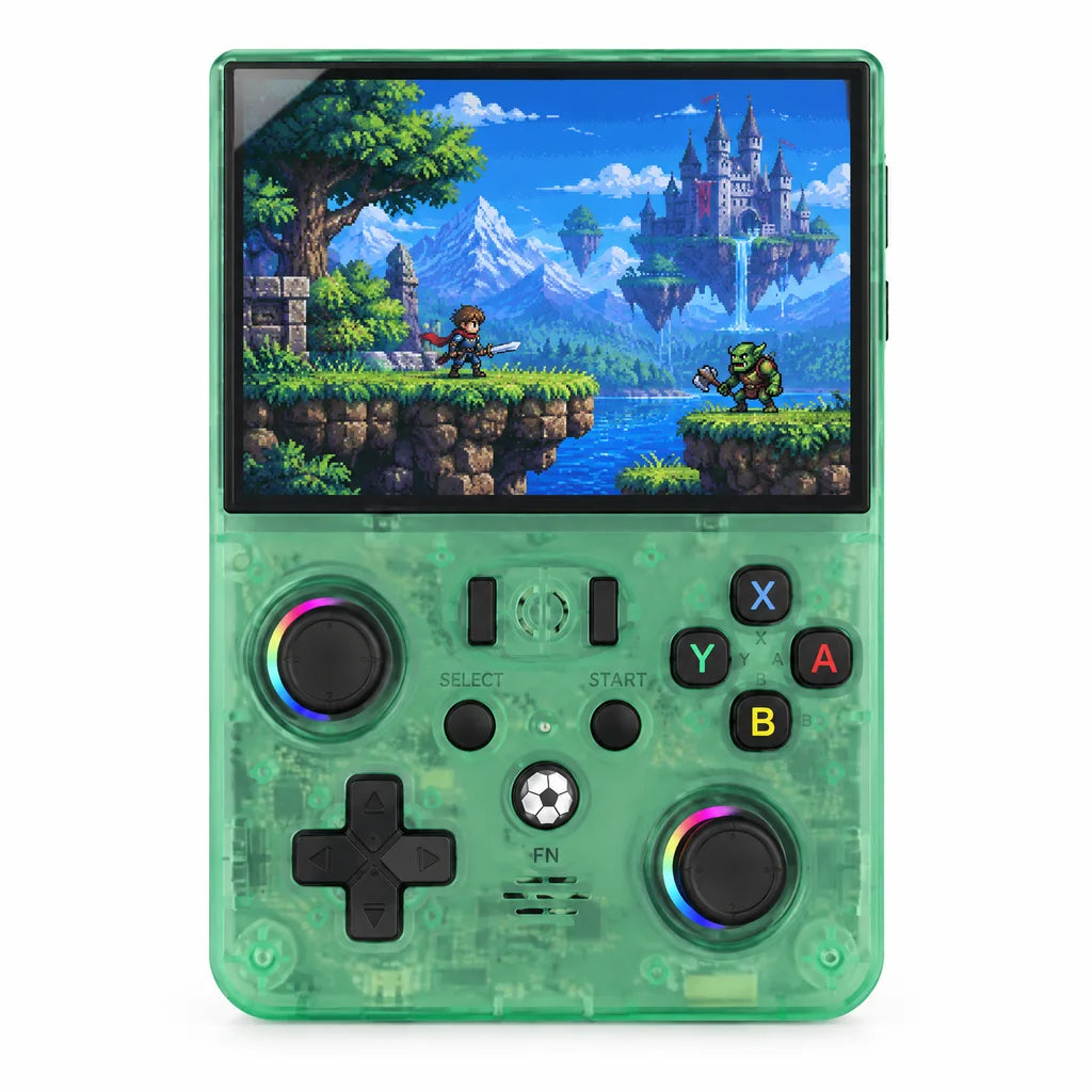 Console portable rétrogaming 4,5 pouces vert translucide sur fond blanc
