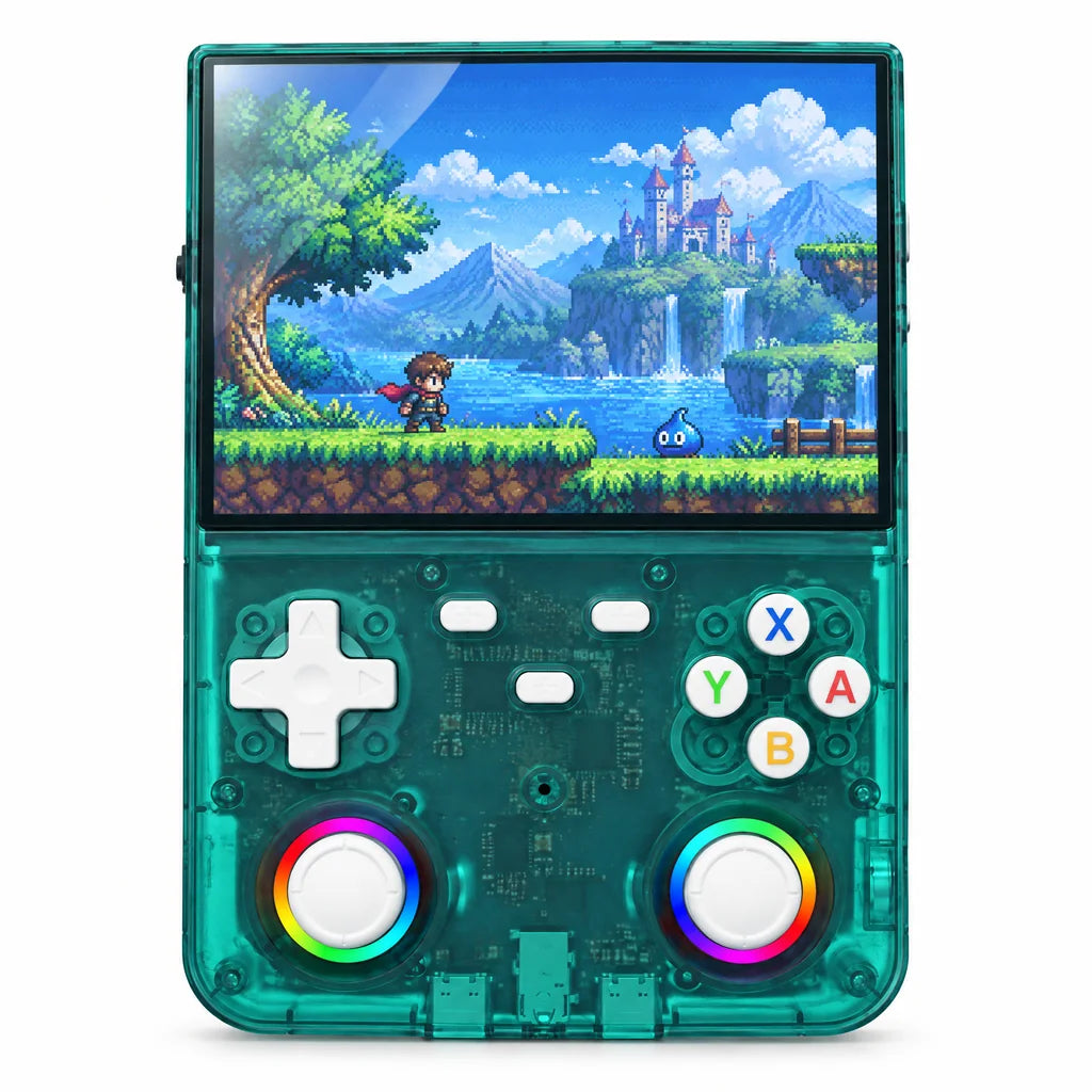 Console rétrogaming portable WiFi 4,5 pouces vert translucide sur fond blanc
