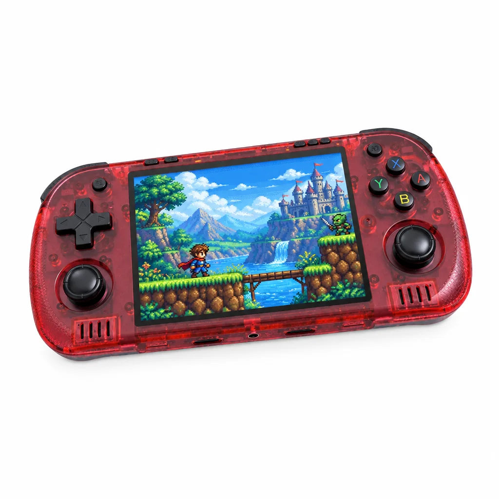 Console portable rétrogaming 4,2 pouces rouge translucide sur fond blanc