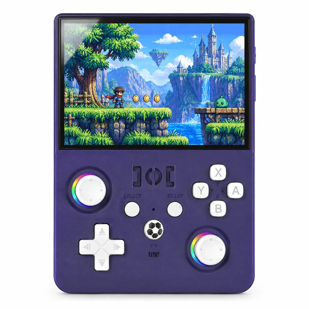 Console portable rétrogaming 4,5 pouces violette sur fond blanc