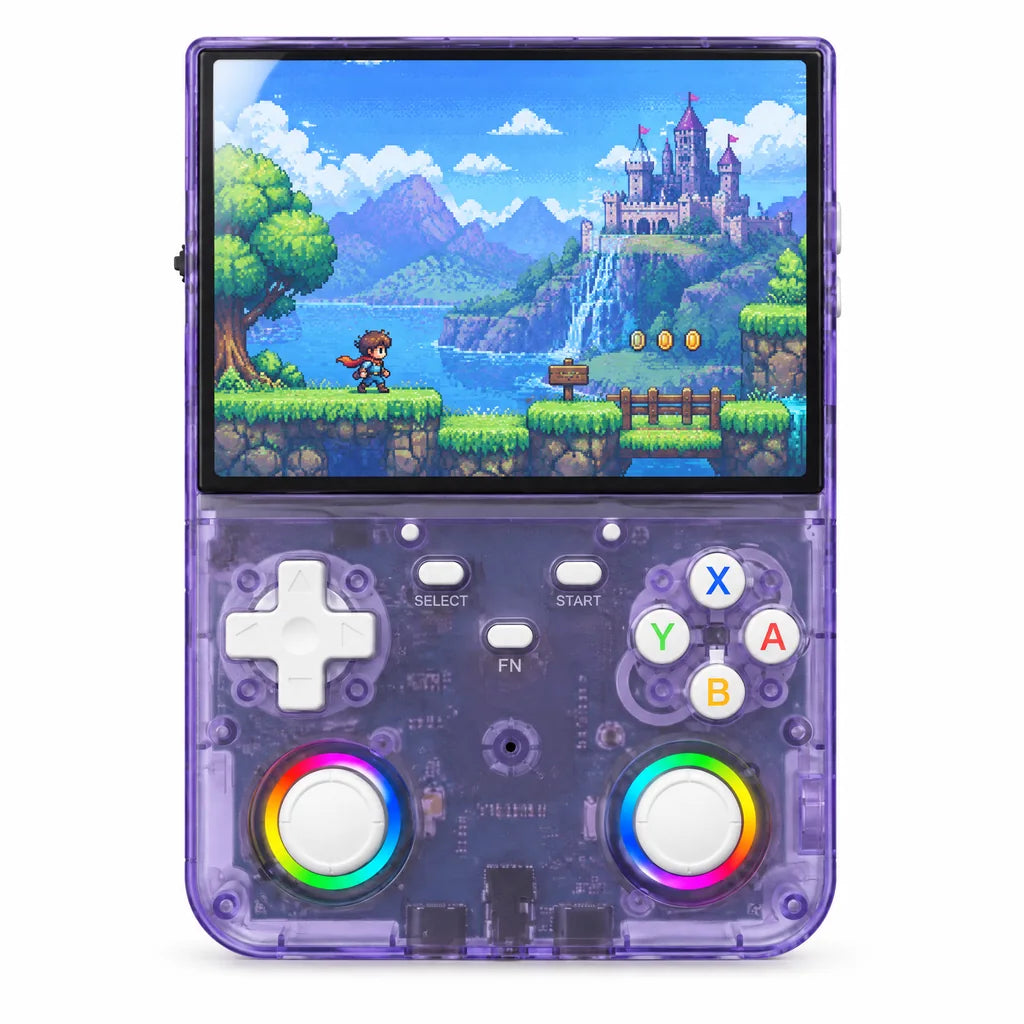 Console rétrogaming portable WiFi 4,5 pouces violet translucide sur fond blanc