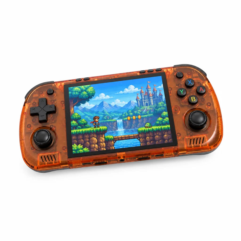 Console portable rétrogaming 4,2 pouces orange translucide sur fond blanc