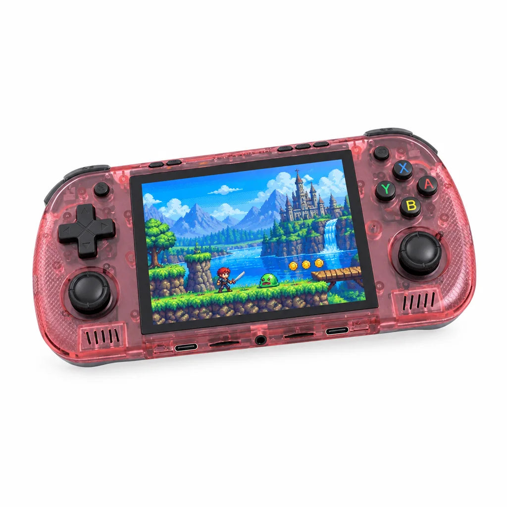 Console portable rétrogaming 4,2 pouces rose translucide sur fond blanc