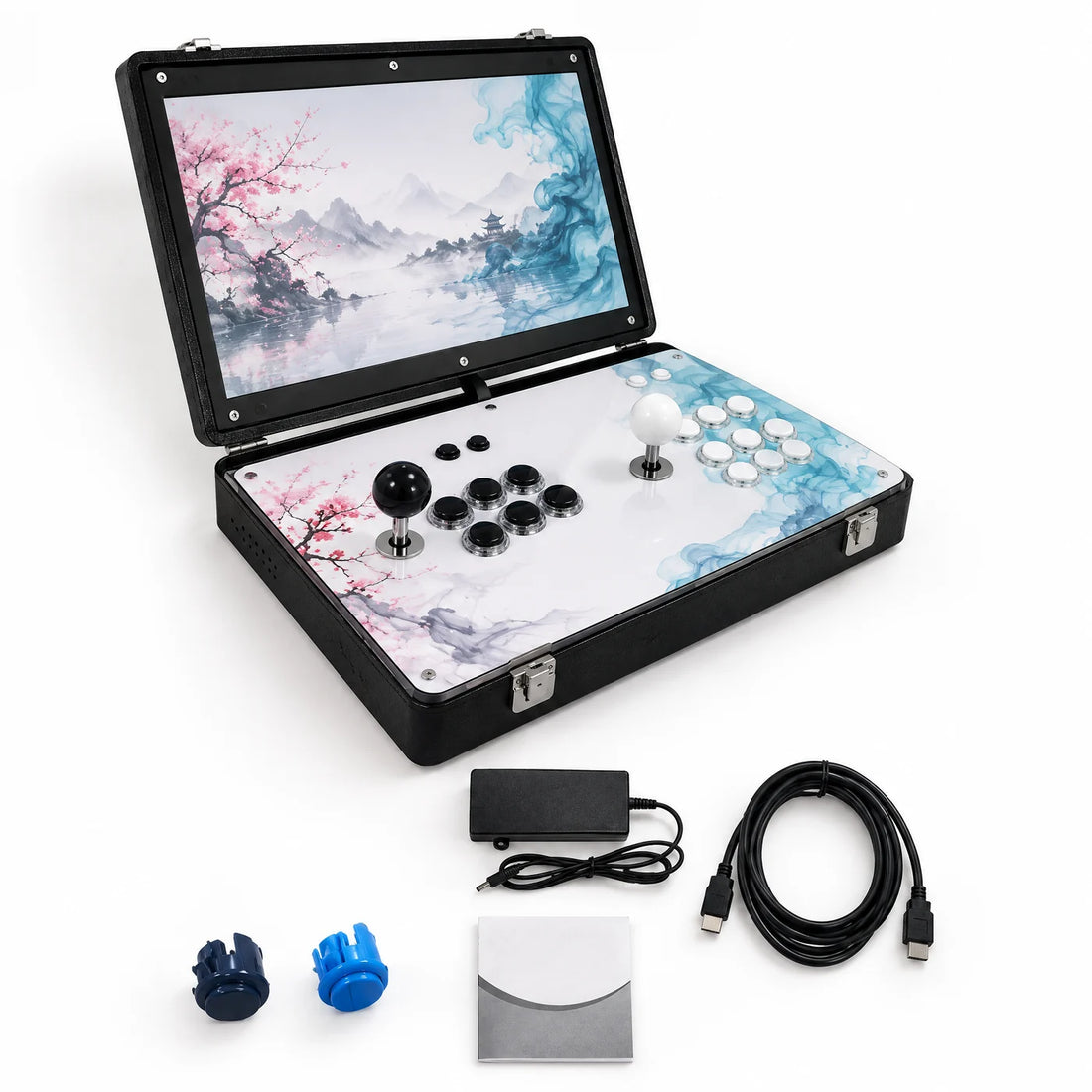 Borne d'arcade portable V17 avec son adaptateur secteur, son câble HDMI, deux boutons de rechange et sa notice