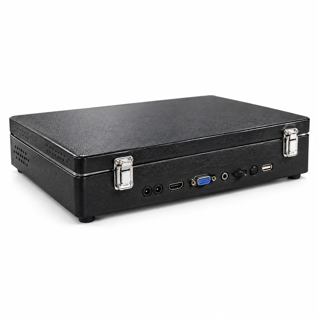 Connectique de la borne arcade portable V17 fermée : deux entrées DC, HDMI, VGA, audio, volume et USB