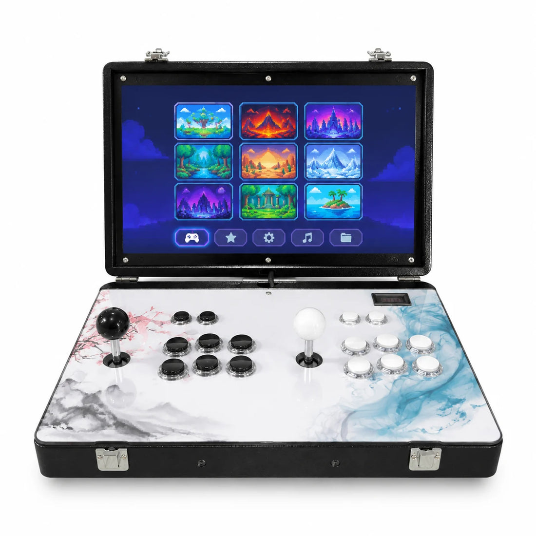 Borne arcade portable V17 vue de face : écran 17 pouces, joystick noir et joystick blanc, plateau blanc laqué
