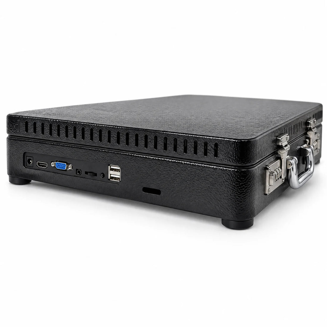 Valise V22 fermée, côté connectique : alimentation, HDMI, VGA, audio et USB