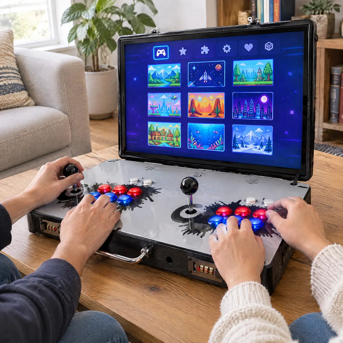 Deux joueurs sur la borne d'arcade valise V22 posée sur une table de salon