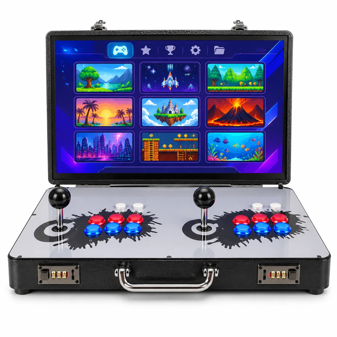 Borne d'arcade valise V22 vue de face : écran IPS 22 pouces, deux cadenas à code et poignée chrome