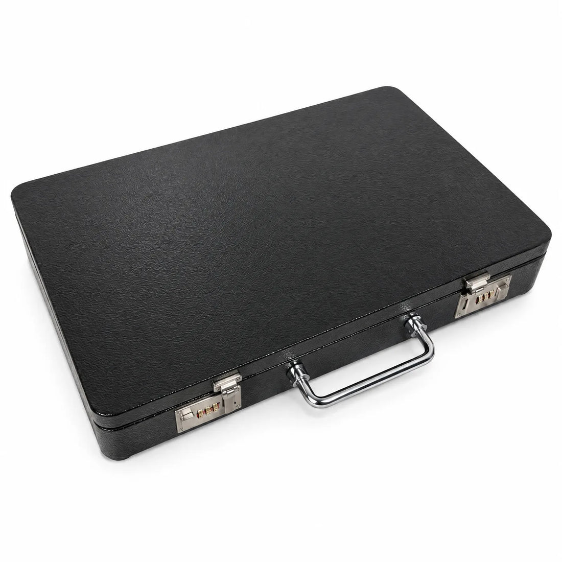 Borne d'arcade valise V22 fermée vue de dessus : coque noire texturée, poignée chrome et deux cadenas à code