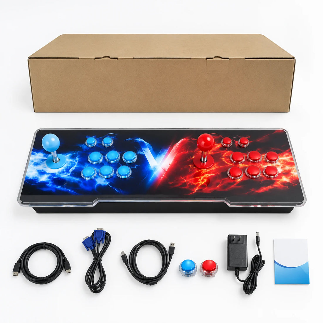 Console arcade TV T2 avec câbles HDMI, VGA et USB, adaptateur, deux boutons de rechange, notice et carton