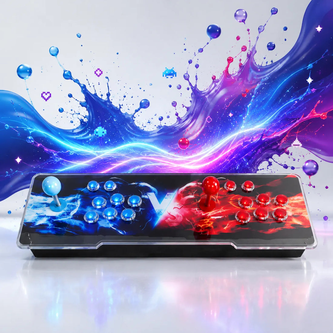 Console arcade TV T2 devant un décor d'encre bleue et violette Joypadia