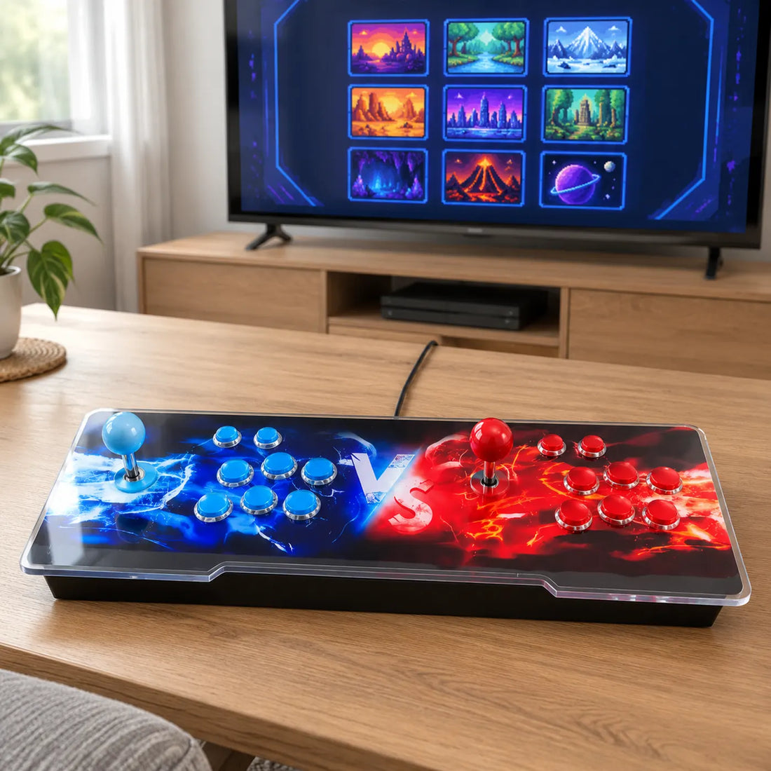 Console arcade TV T2 posée sur une table devant une télé, reliée en HDMI