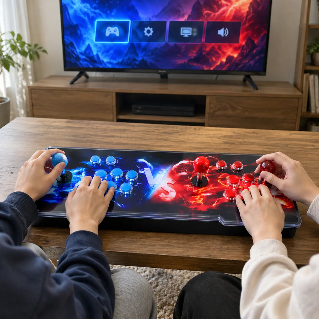 Deux joueurs sur la console arcade TV T2 posée sur une table basse devant la télé