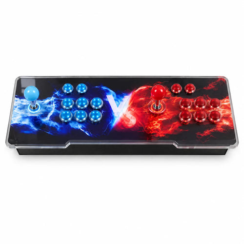 Console arcade TV T2 vue de dessus : joystick bleu clair, joystick rouge et boutons translucides