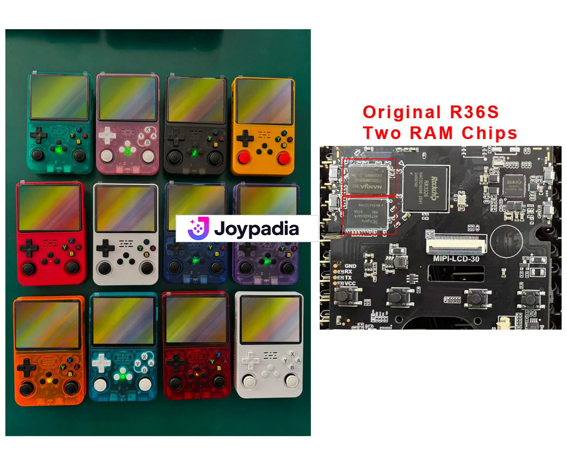 Contrôle qualité Joypadia : douze consoles R36S de différents coloris allumées avant expédition