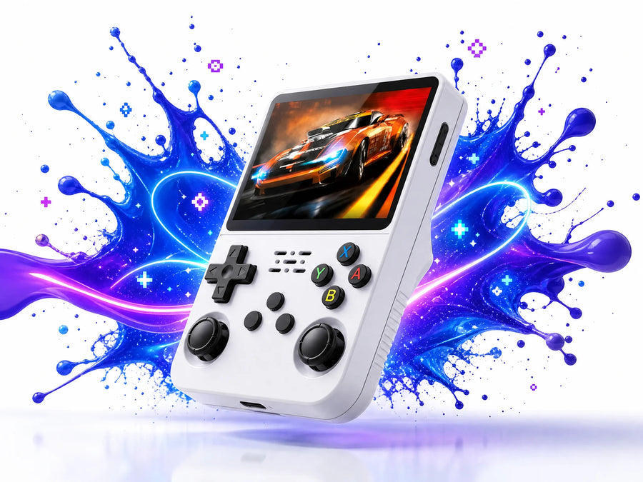 Console rétrogaming portable vedette sur splash bleu et violet.