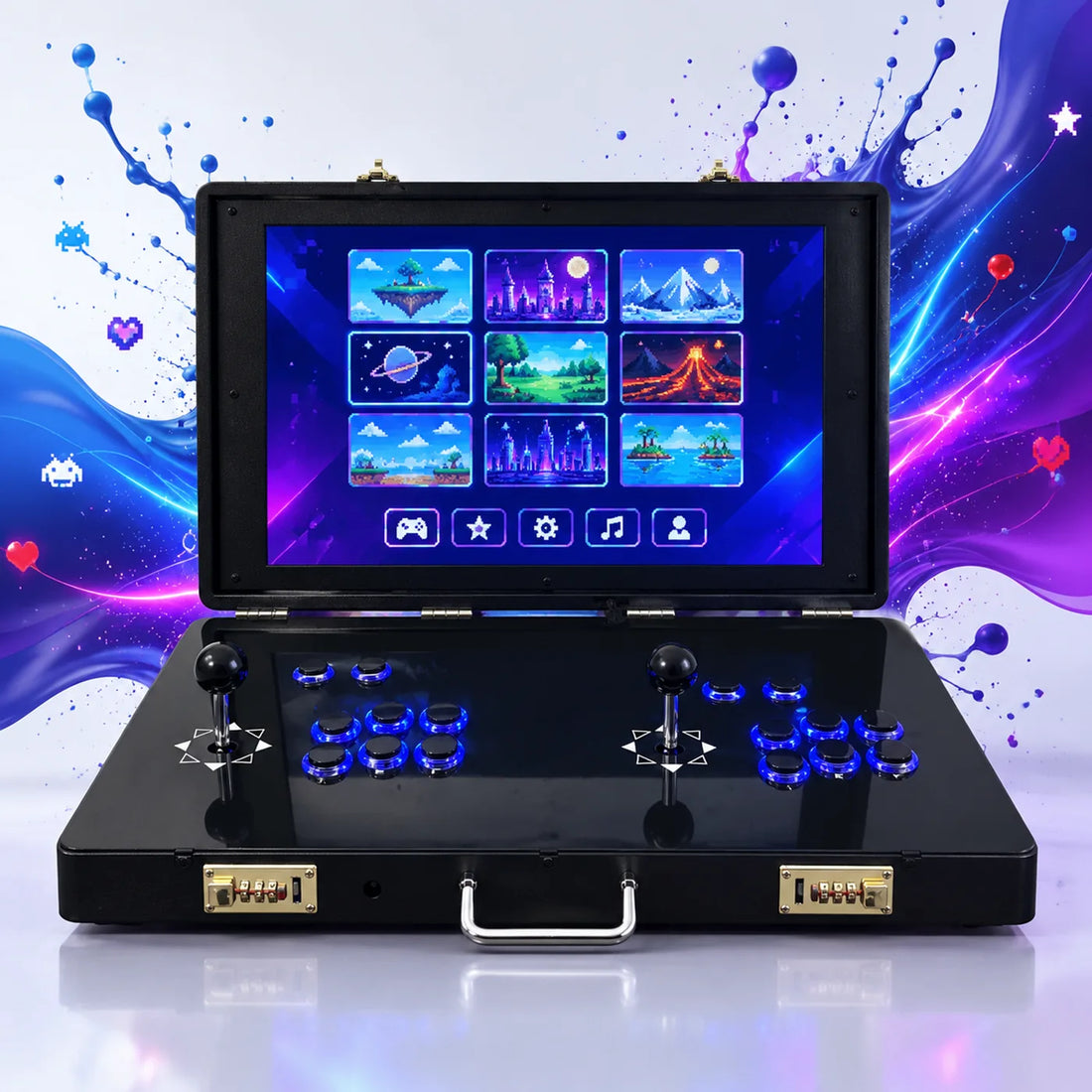 Mini borne arcade V21 21 pouces ouverte devant un décor d'encre bleue et violette Joypadia